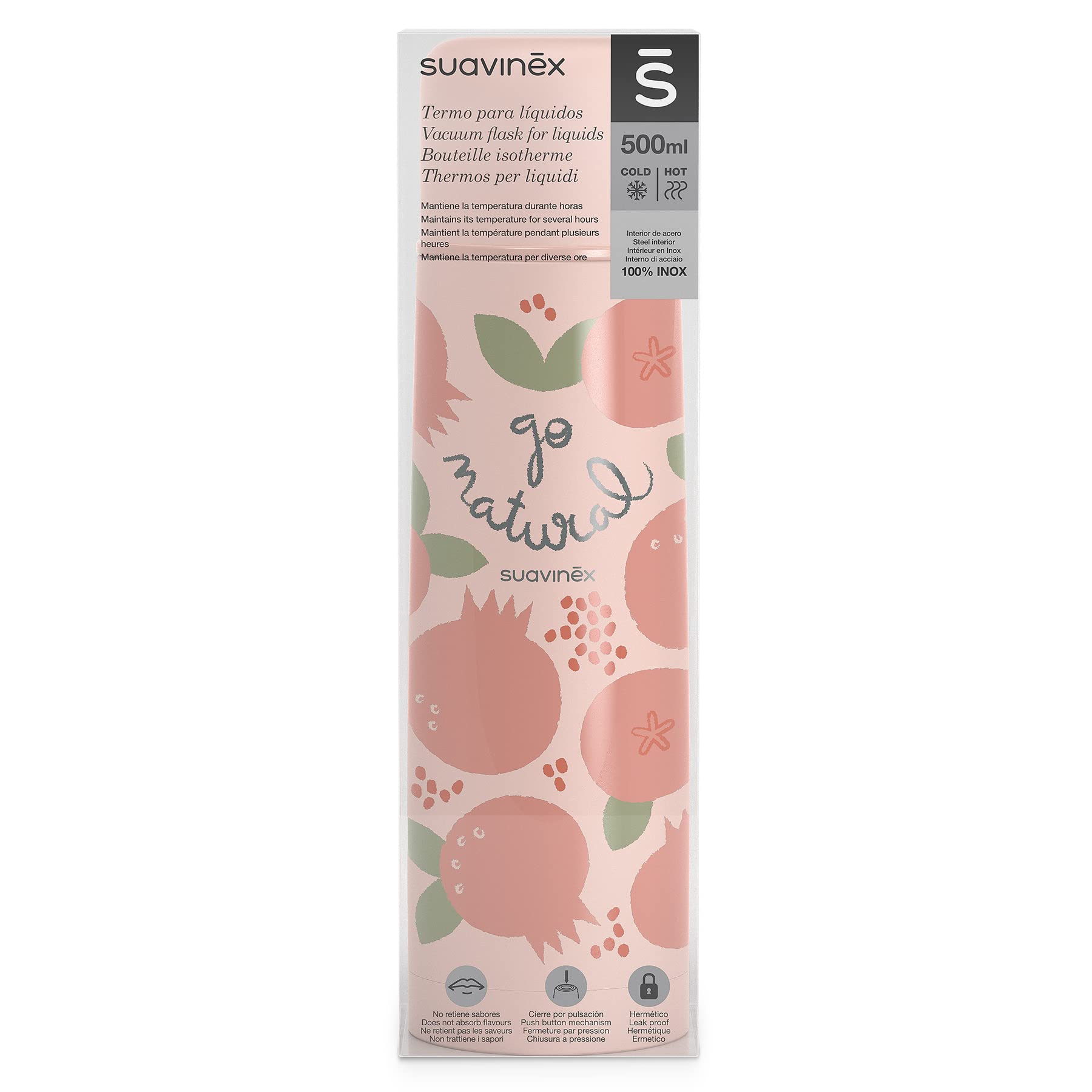 Suavinex, Termo Líquidos para Bebé. Termo de Acero Inoxidable con Cierre Hermético. Para Bebidas Calientes y Frías. 500 ml. Diseño Granada, Color Coral