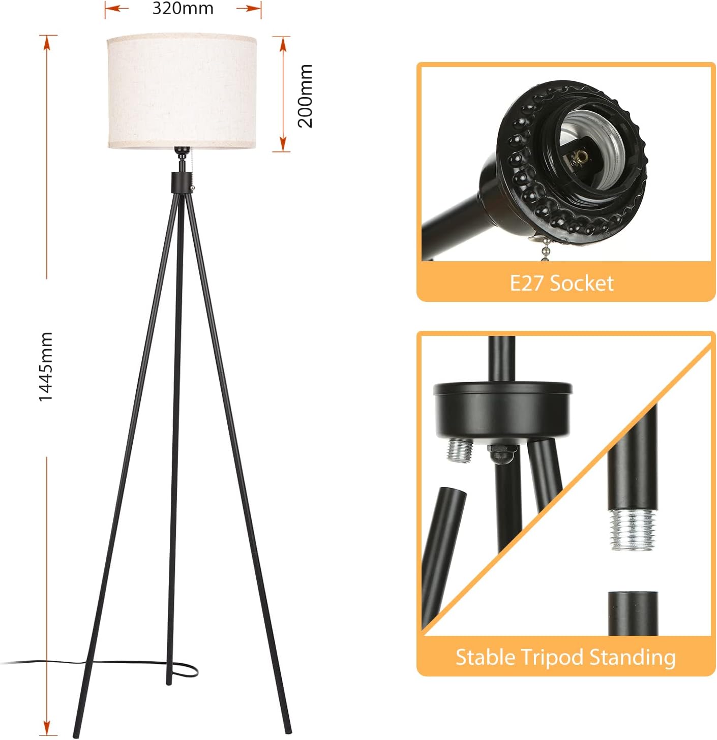 Tripod Floor Lamp, Mid Century Standing Lamp for Living Room, Linen Lamp Shade, with E26 7W LED Bulb Modern Design Standing Lamp for Living Room Bedroom Office Study