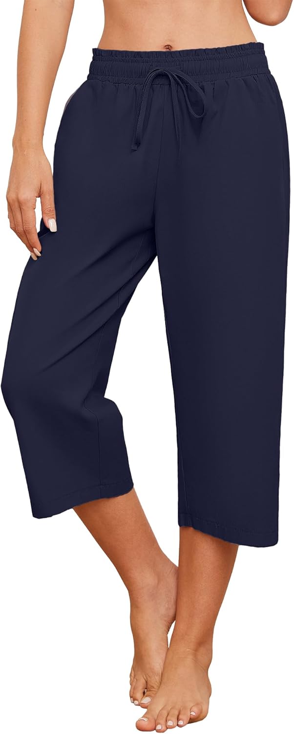 Larmliss Womens Capri Pants Loose Wide Leg Drawstring Elastic Waist Casual Lounge Cropped Pants with Pockets Navy Blue - Image 3