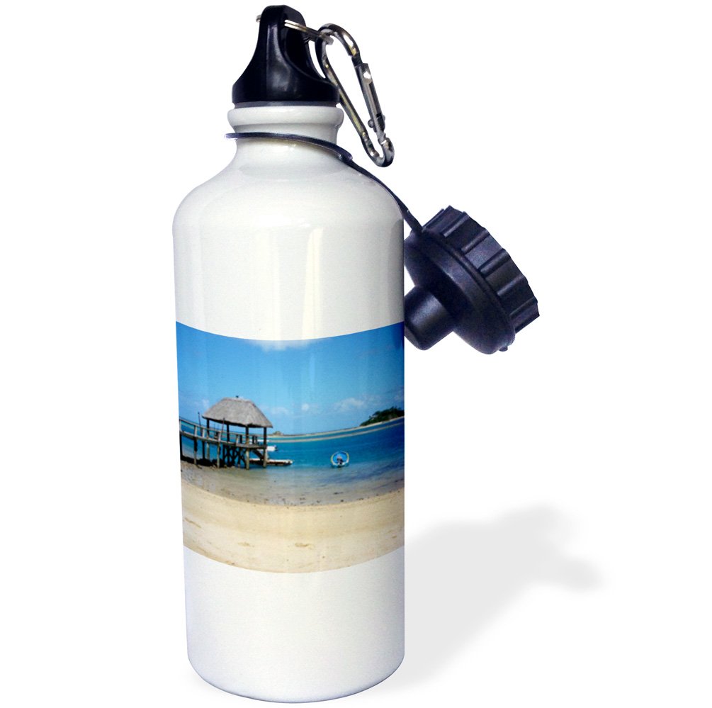 3dRose "Exotic and Tropical Fiji Beach with Thatched Roof Pier" Sports Water Bottle, 21 oz, White