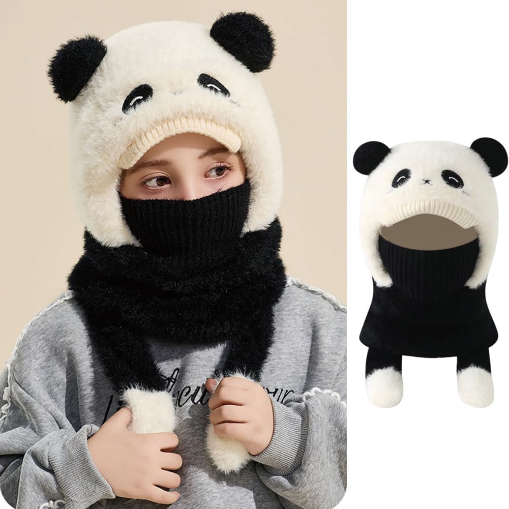Girls Balaclava Knit Hat Boys Animals Cartoon Hoodie Hats Winter Fuzzy Neck Gaiter with Fleece Lining 2-10 Years
