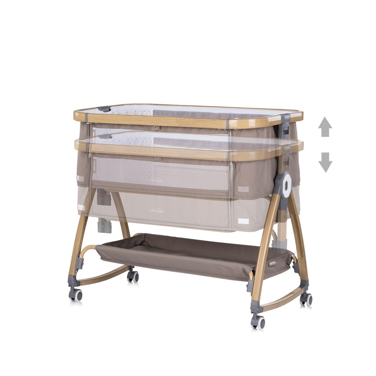 Chipolino Beistellbett Charisma Matratze höhenverstellbar Räder Ablagefach Gurt braun