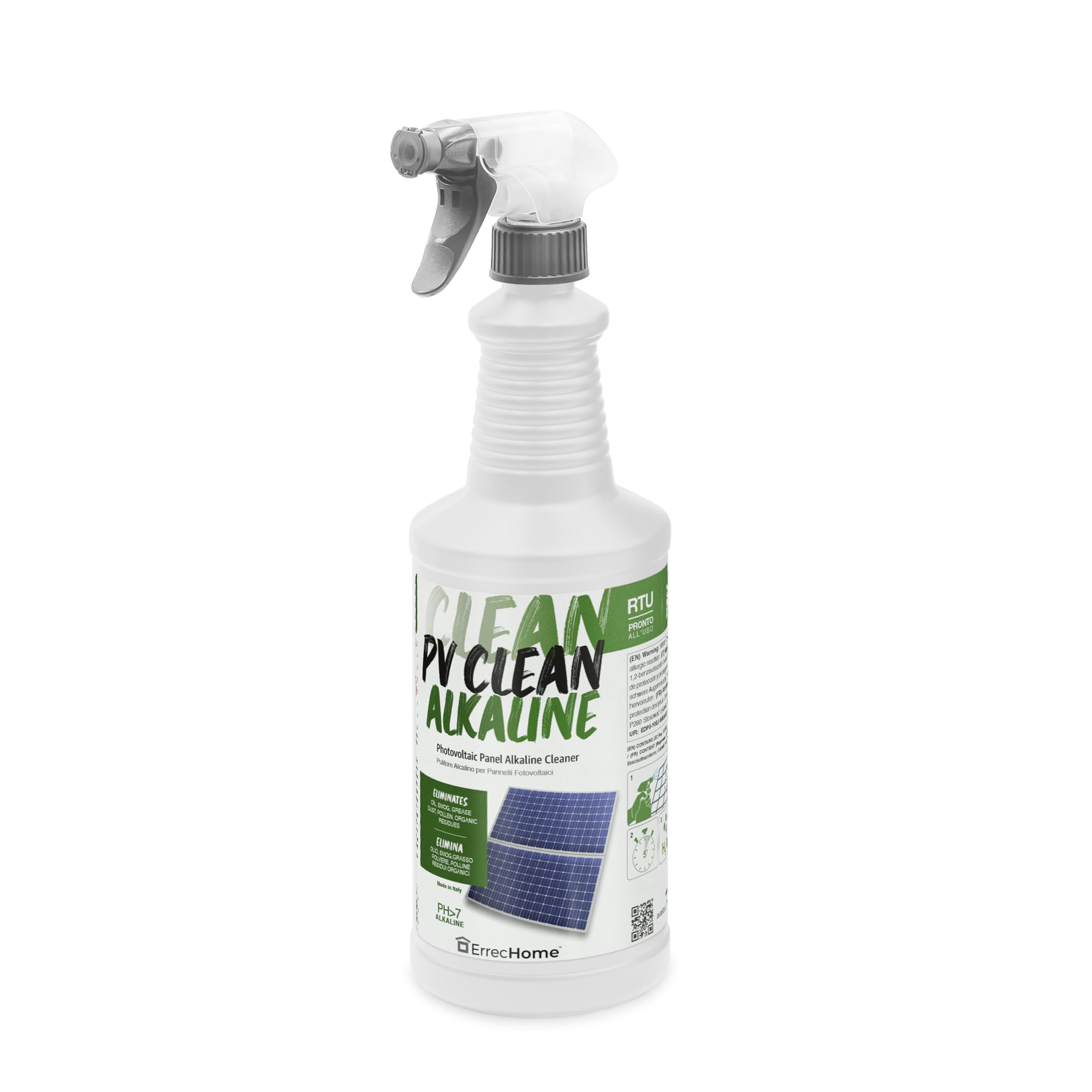 ERRECHOME PV Clean Alkaline, Alkaline Cleaner for Photovoltaic Panels, Ready-to-Use, 1 L Spray Bottle