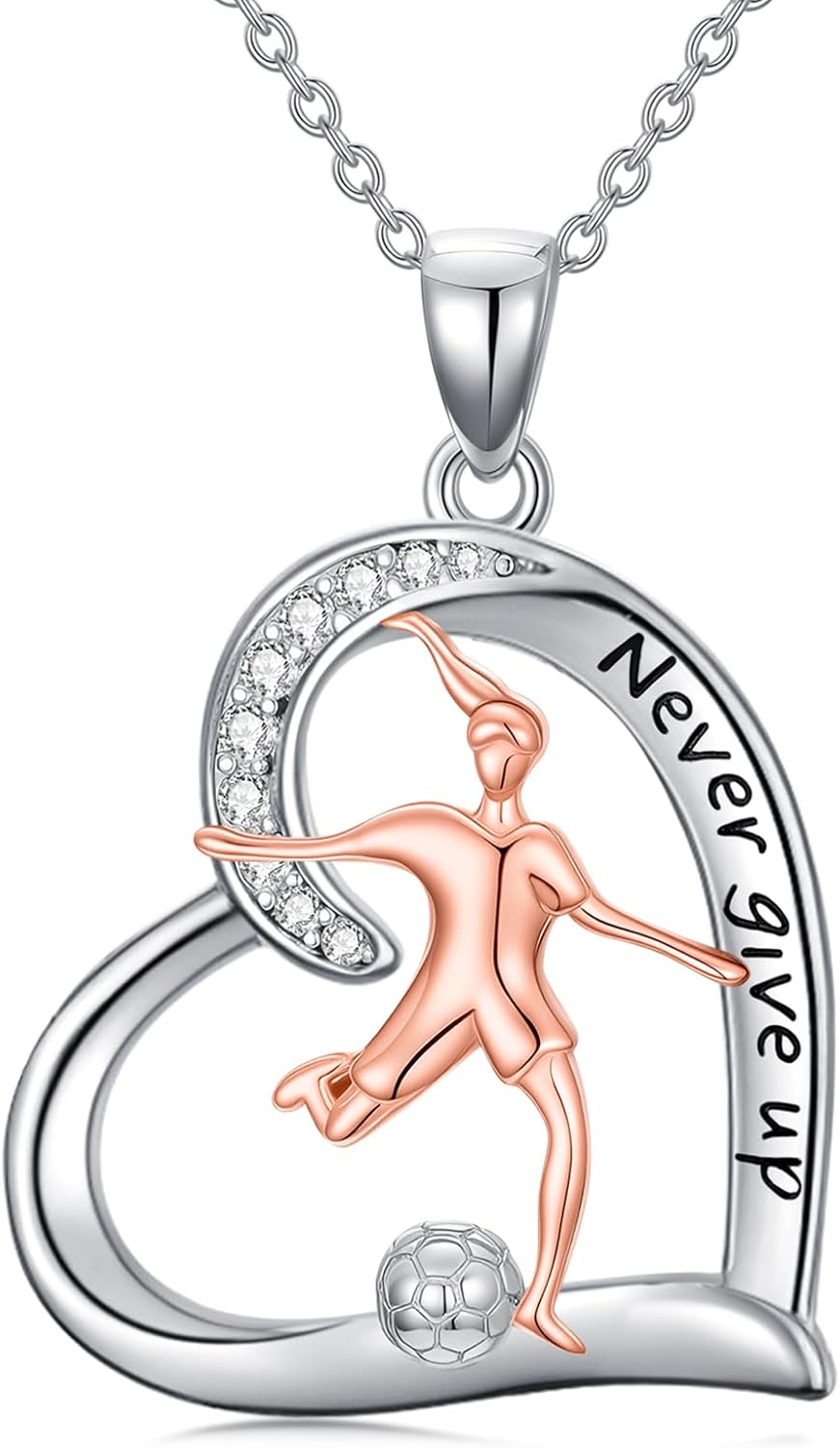 Sports Necklace 925 Sterling Silver Heart Pendant Necklace Never Give Up Jewelry Graduation Gifts for Women Sports Lovers