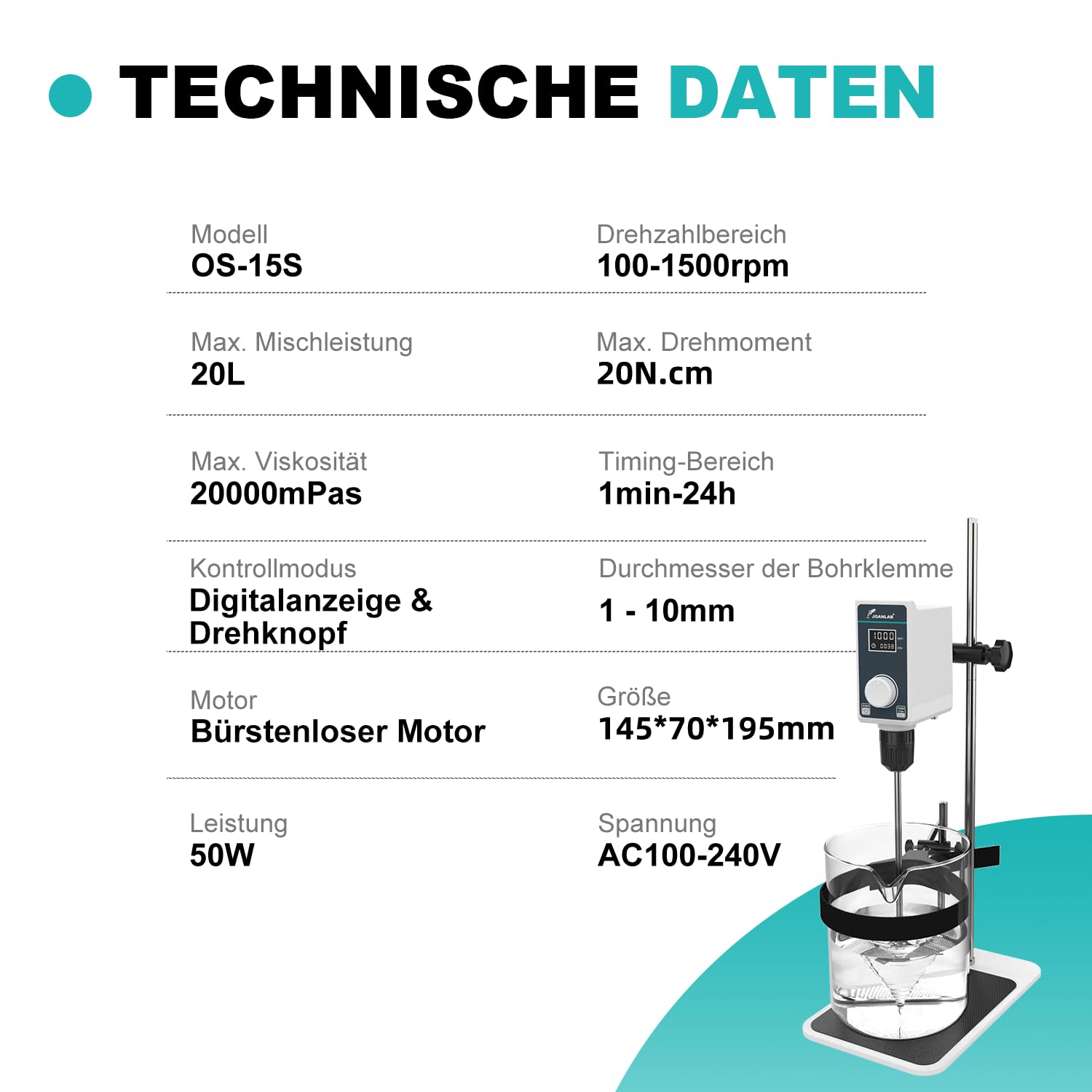 JOANLAB Laborrührwerk Overhead Stirrer, 50W Laborrührer mit Rührblatt & Edelstahl-Ständer, Verstellbare Geschwindigkeit 100-1500 U/min, Timer 1min-24h, für max. 20L & 20000 mPas