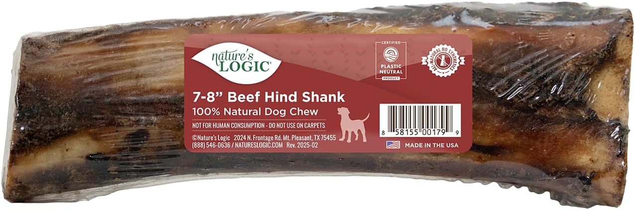 NATURE'S LOGIC Beef Hind Shank Bone - 7-8'' Long Chew - Collagen & Protein Source for Dog Dental Health & Occupation - Carnivore Appropriate Recreational Chewing & Dental Care - Large Hind Shank