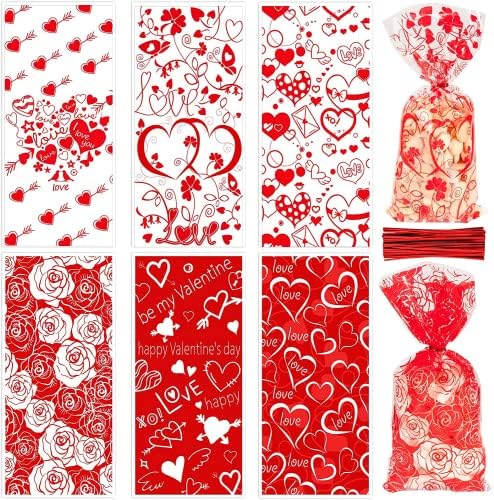 Whaline Valentine Cellophane Bags 150pcs Red Rose Heart Treat Bags with 150pcs Twist Ties and Plastic Cello Candy Sweet Bags Gift Bags for Valentine's Day Wedding Anniversary, 6 Designs