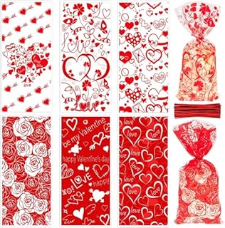 Whaline Valentine Cellophane Bags 150pcs Red Rose Heart Treat Bags with 150pcs Twist Ties and Plastic Cello Candy Sweet Bags Gift Bags for Valentine's Day Wedding Anniversary, 6 Designs
