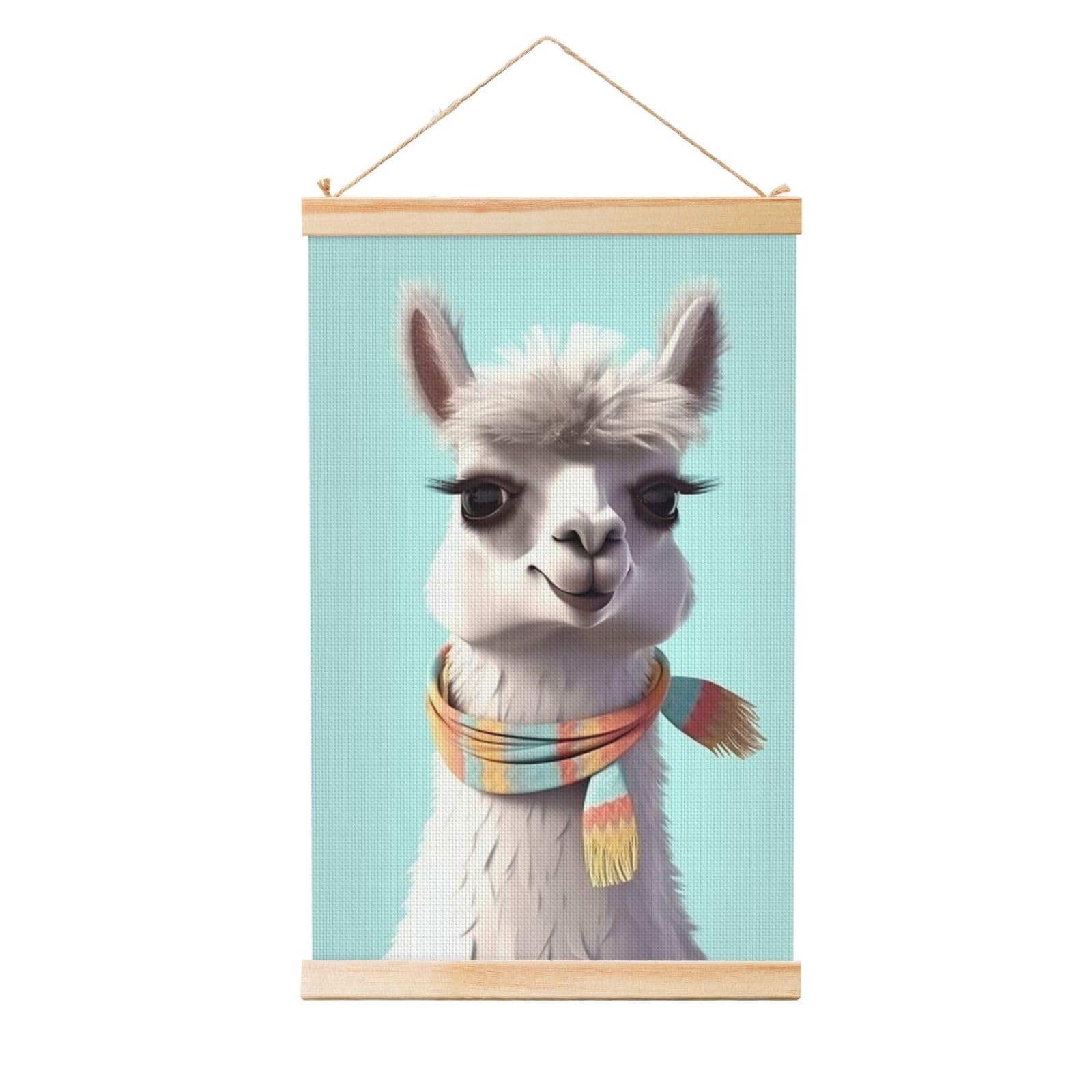 Funny Cartoon Llama Posters Wooden Shaft Hanging Poster Canvas Prints Scroll Wall Art Painting Vintage Wall Banner Modern Artwork Decor for Home Decor Ready to Hang 12"x18"