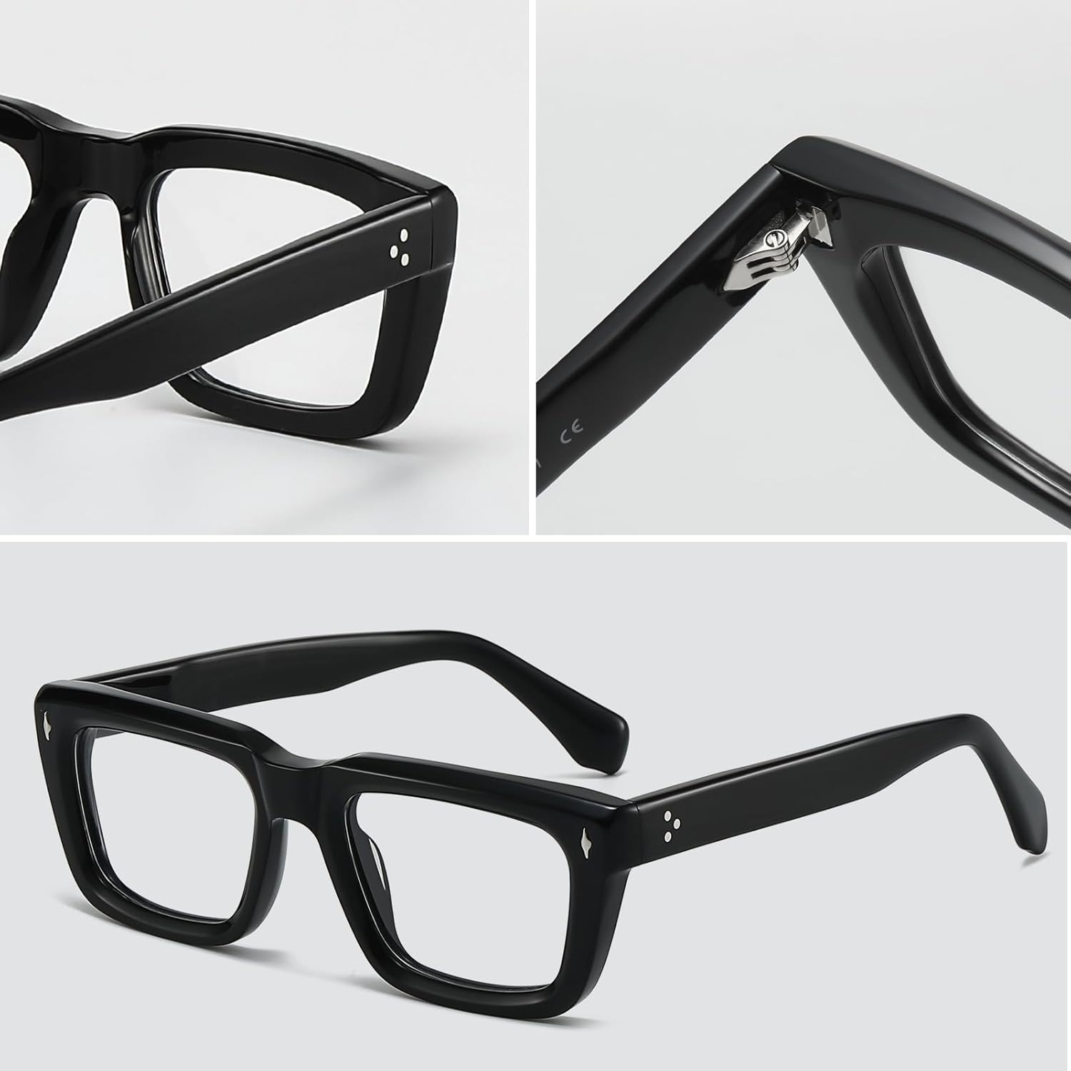 JOLLYNOVA Sutton Retro Rectangle Acetate Thick Glasses Frame Prescription Optical Eyewear for Women Men 53-21-148mm