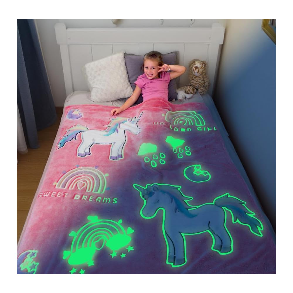 Glow in The Dark Unicorn Blanket for Girls, Fluffy Pink Plush Throw Blanket, Soft Cozy Fleece Kids Bedding, Fuzzy Warm Snuggly Unicorn Gift, Cute Decorative for Girls Bedroom, Sofa, Travel, 50 x 60