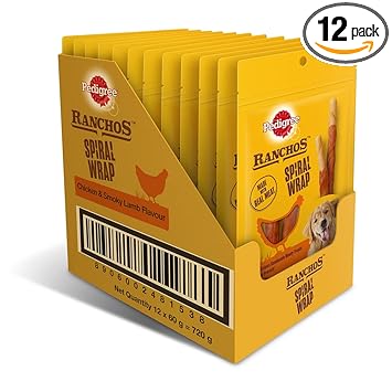 Pedigree RANCHOS Spiral Wrap Treats for Dog, Chicken & Smoky Lamb Flavour, 12 Pouches (12 x 60g)