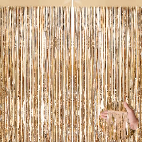 Champagne Gold Metallic Tinsel Foil Fringe Curtains, 2 Pack 3.3x8.3 Feet Party Streamer for Birthday Party Decorations, Halloween Decor, Foil Curtain for Bachelorette Party