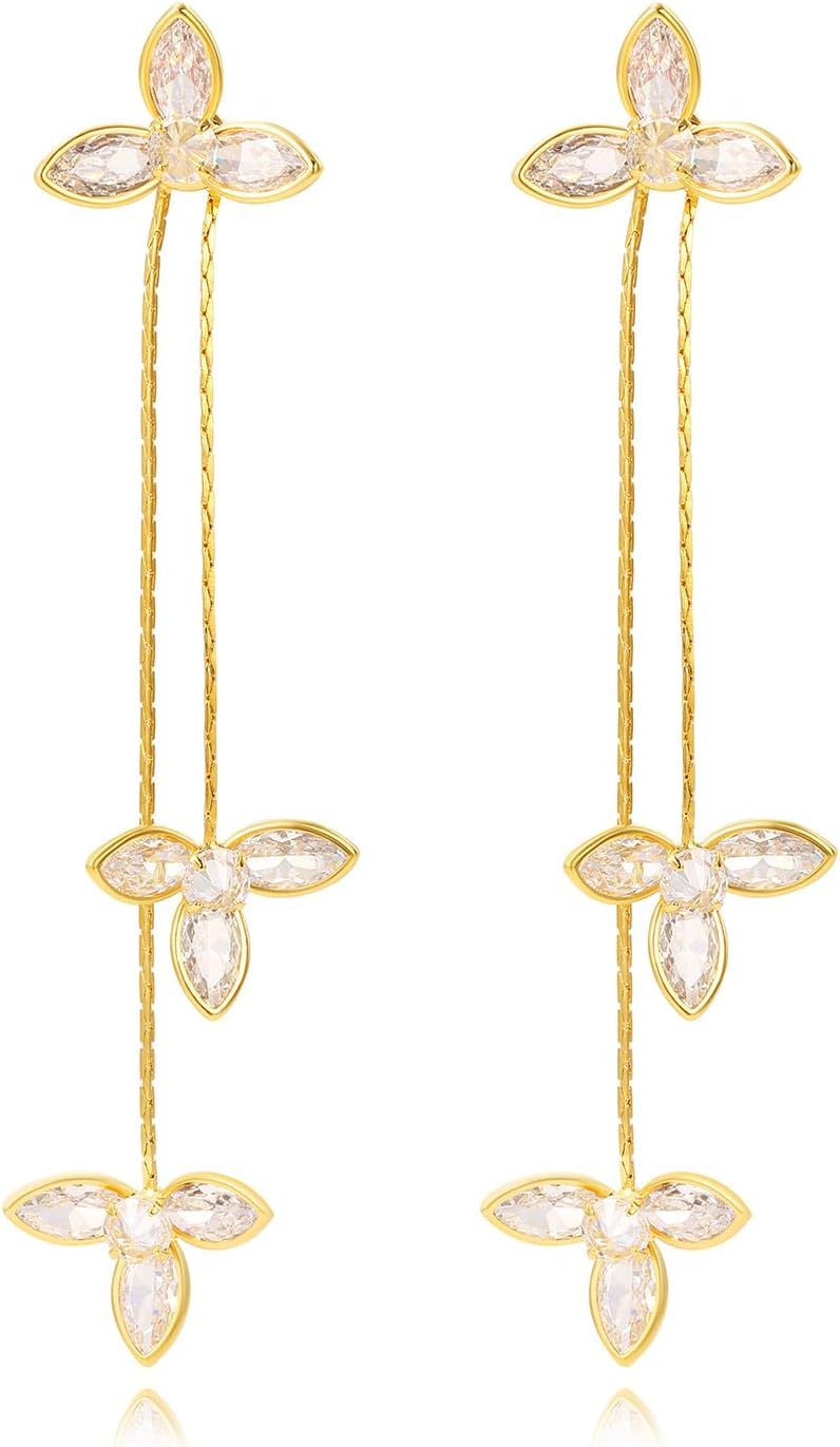 Flower Dangle Earrings for Women Trendy 14K Gold Plated Longe Dangling Earrings Zirconia Rhinestone Leaf Dangling Earrings Hypoallergenic Earrings for Brides Formal Earrings for Women Lady