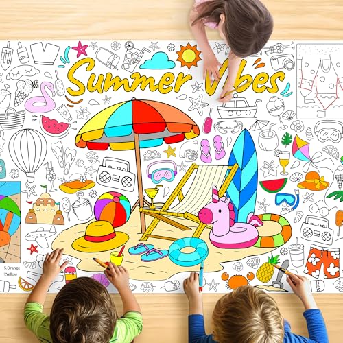 JOYGATHER Summer Coloring Tablecloth for Kids, Giant Jumbo 30x72 Inch Poster with Beach and Outdoor Fun, Ideal for Summer Party Games, Decorations, Classroom Activities, and Celebration Supplies