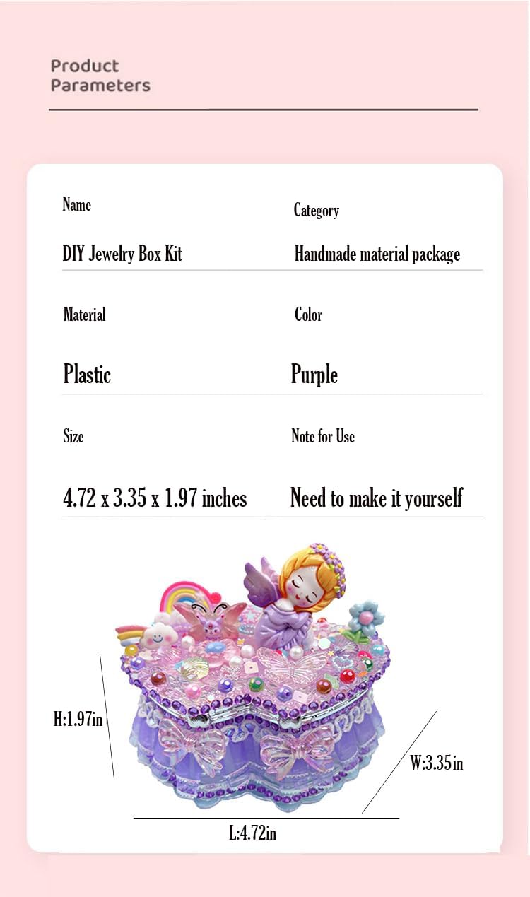 goodck DIY Heart Jewelry Box Kit – Cute Decorative Craft Set with Crystal Stickers, Charms & Lace -Inspired Beads & Accessories for Girls & Teens (Purple Coulomb)