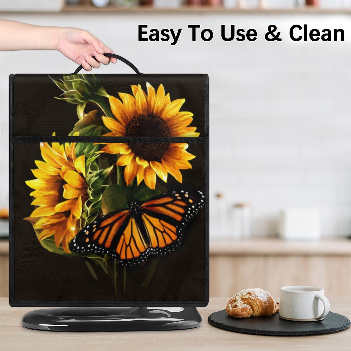 Kitchen Aid Mixer Cover Butterfly Sunflower Black Stand Mixer Cover Fits All Tilt Head & Bowl Lift Models 6-8 Quart Dust Cover with Pockets for Coffee Maker Toaster