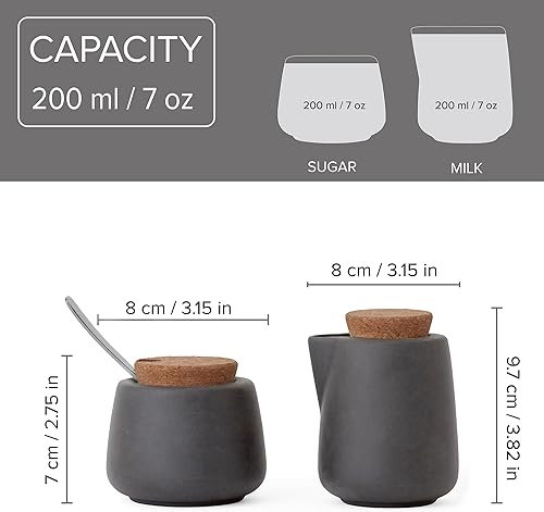 Miniatura 2 de Viva Nicola - Juego de crema y azúcar de carbón  Crema de café de porcelana y azucarero con tapa de corcho y cuchara, 7 onzas  6.8 fl oz de leche y
