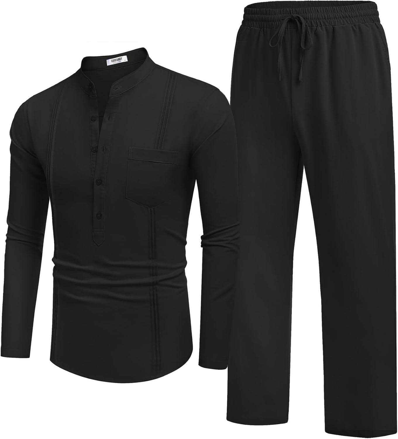 COOFANDY Men's 2 Piece Cotton Sets Casual Long Sleeve Cuban Henley Shirt and Loose Pants Set Beach Vacation Outfits - Image 7