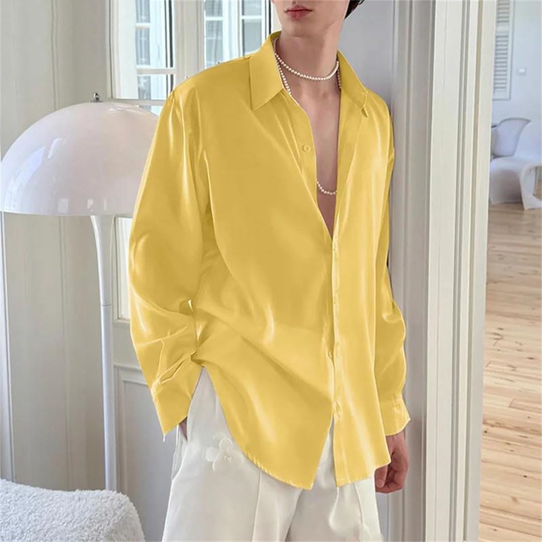 Men Spring Patchwork See-Through Lapel Long Sleeve Shirt Loose Casual Top