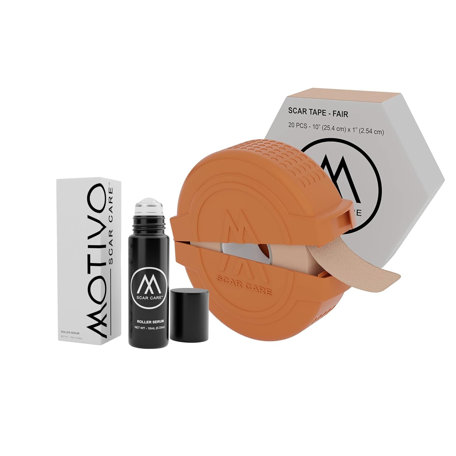 Motivo Advanced Scar Care Bundle: Scar Tape & Roller Serum (10ml) | Water & Sweat Resistant, Long-Lasting, Suitable for All Skin Types | Ideal for Surgical, C-Section, Trauma, & Acne Scars | Fair