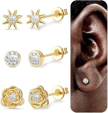 jagosen 3 Pairs Women's 925 Silver Earrings, Hypoallergenic Small Earrings for Women, Zirconia/Sun/Rose Design for Earlobe
