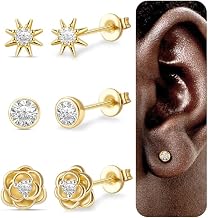 3 Pairs Women's 925 Silver Earrings, Hypoallergenic Small Earrings for Women, Zirconia/Sun/Rose Design for Earlobe | Set de Pendientes Pequeños con Circonita/Sol/Rosa para Oídos Sensibles Regalo Joyería Mujeres Niñas