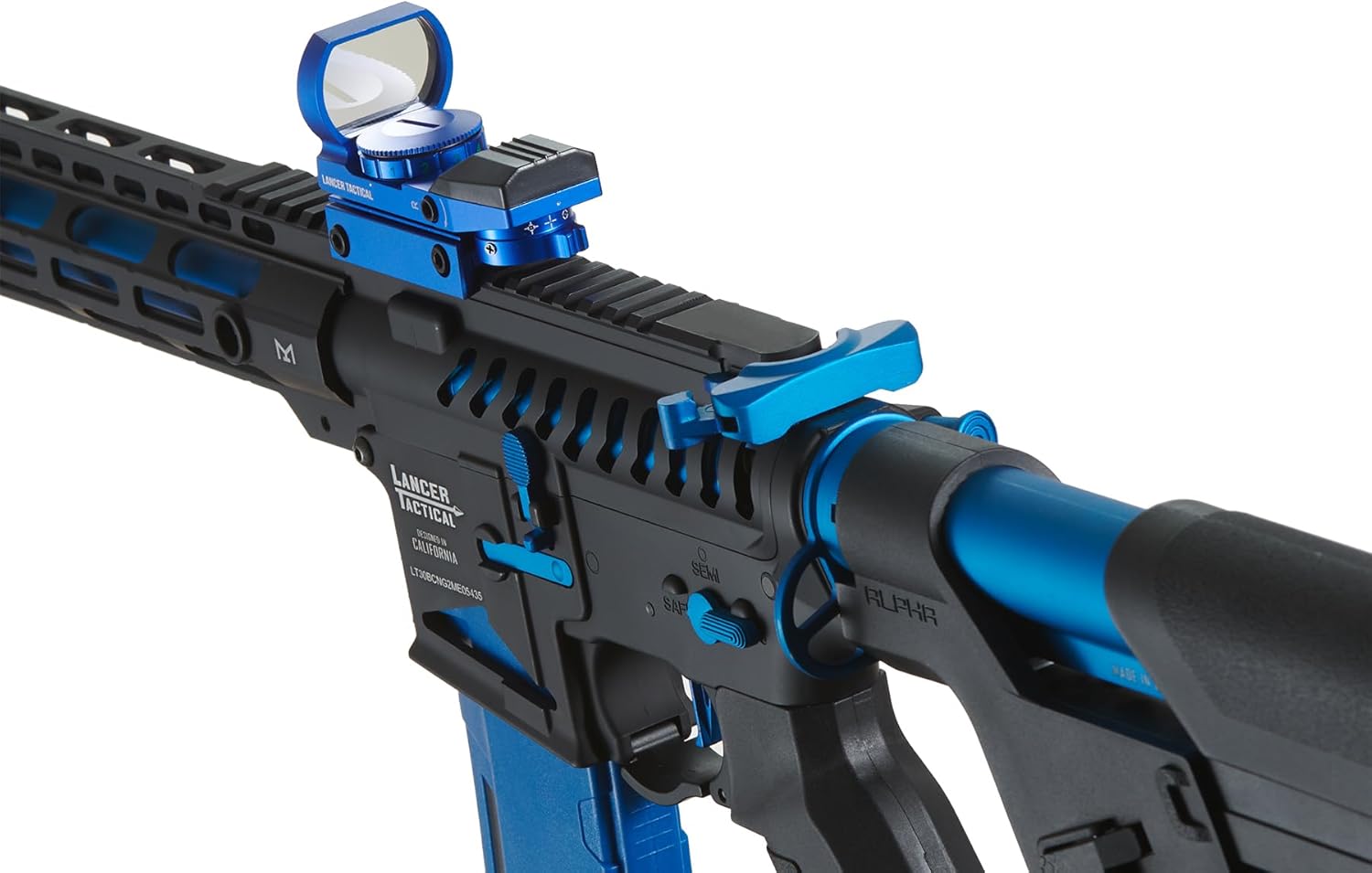 Lancer Tactical Proline Enforcer Bluebird Skeleton Steel Airsoft AEG Adjustable Stock w/Fast Trigger & Mosfet (Red Dot & Two Magazines Included)