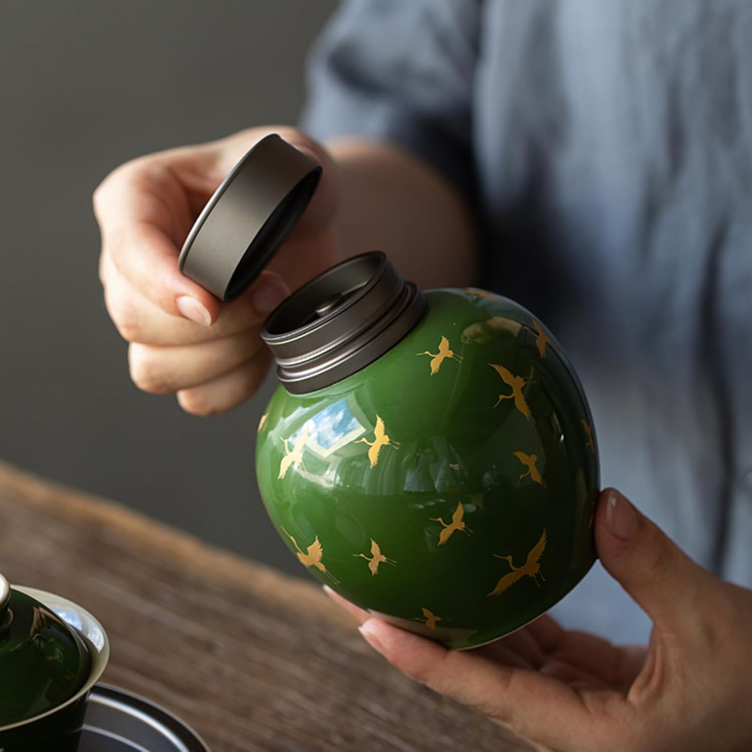 Emerald Ceramics Tea Caddy, 400ml 13.6oz, Sealed Storage Tank Chinese Kung Fu Tea Set Accessories Sealed Jar