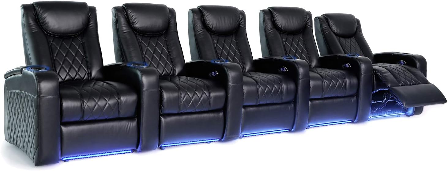 Octane Seating Azure LHR Home Theater Seats - Black Top Grain Leather - Power Recline - Motorized Lumbar & Headrest - Lighted Cup Holders - Straight Row 5