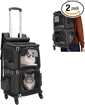 HOVONO Double-Compartment Pet Carrier Backpack with Wheels for Small Cats and Dogs, Cat Rolling Carrier for 2 Cats, Perfect for Traveling/Taking a Walk/Trips to the Vet, Black