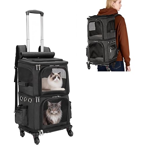 HOVONO Double-Compartment Pet Carrier Backpack with Wheels for Small Cats and Dogs, Cat Rolling Carrier for 2 Cats, Perfect for Traveling/Taking a Walk/Trips to The Vet, Black