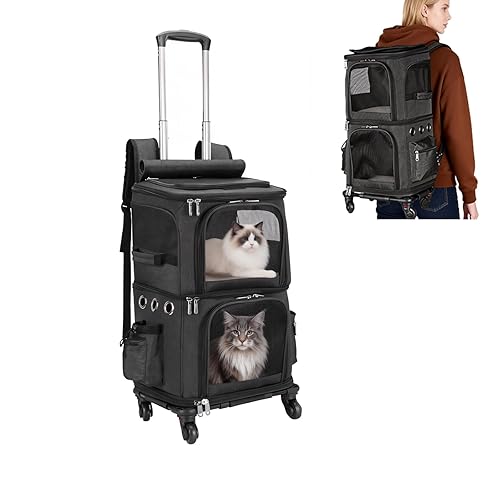 Double-Compartment Pet Carrier Backpack with Wheels for Small Cats and