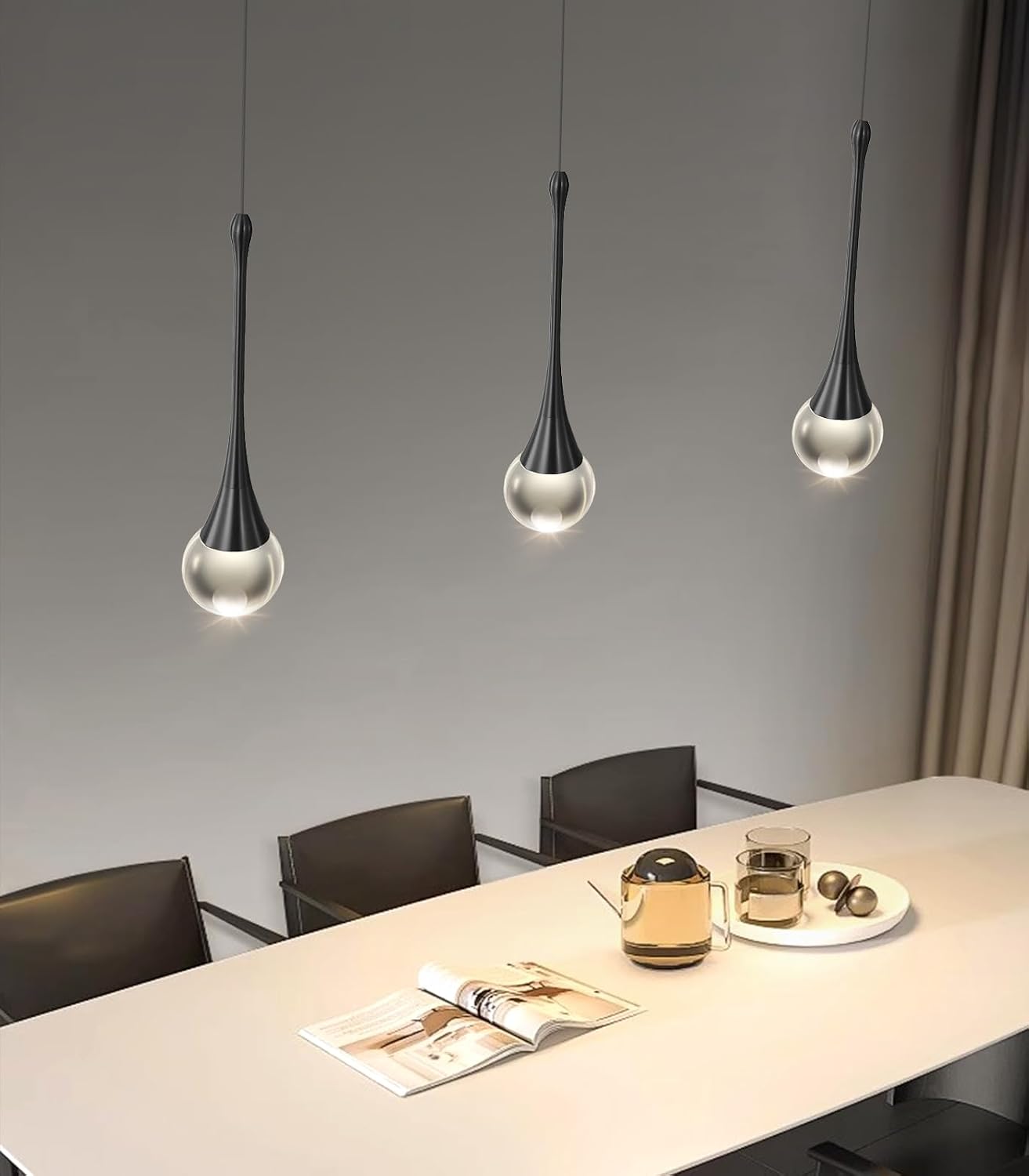 Modern Kitchen Island Pendant Lights Dimmable LED Crystal Chandelier Hanging Pendant Chandelier Black 3 Pack