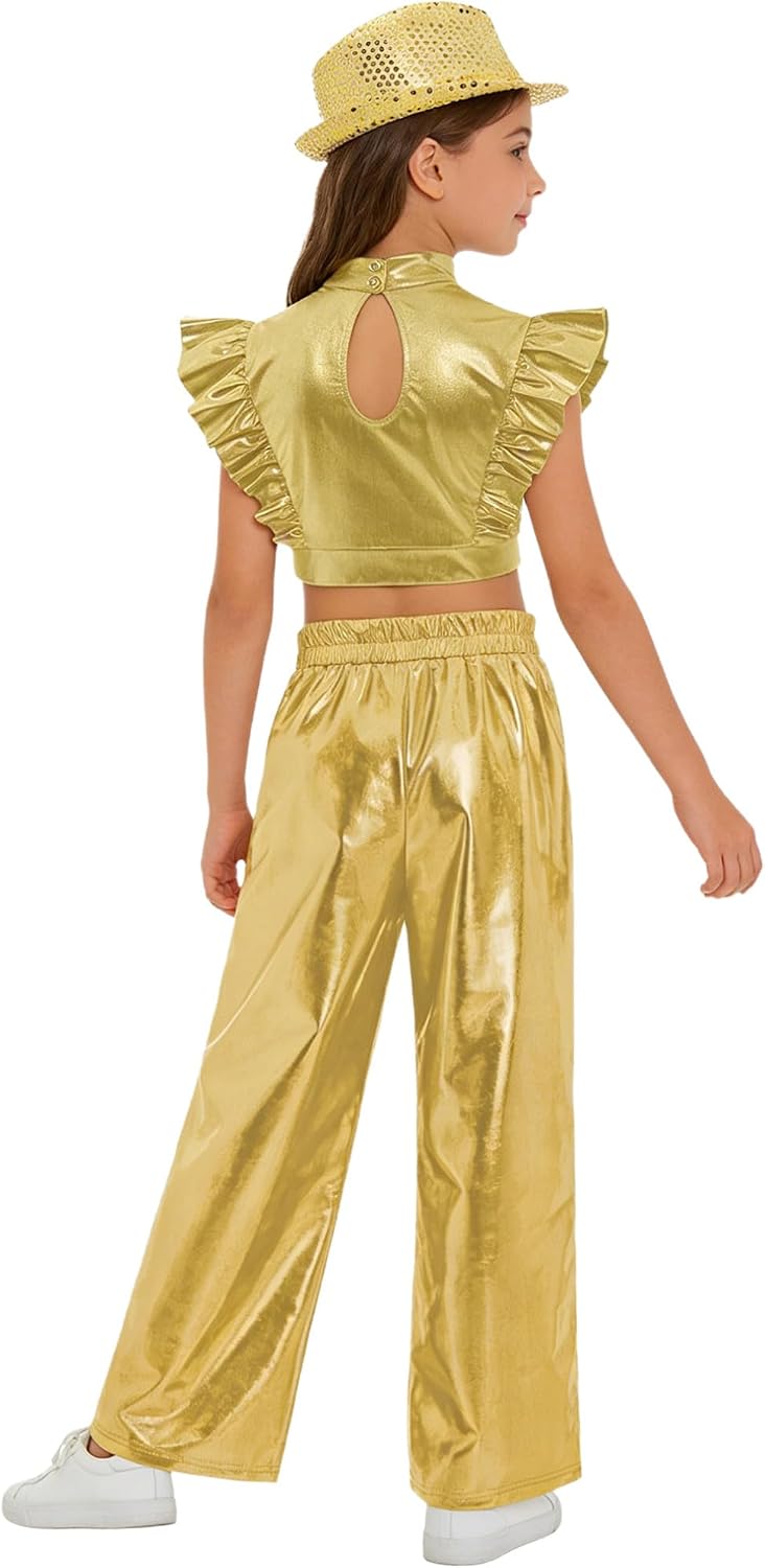 Kids Girls Stage Dance Outfit Metallic Rhinestone Crop Top With Tear Away Cargo Pants & Gold 12 Years