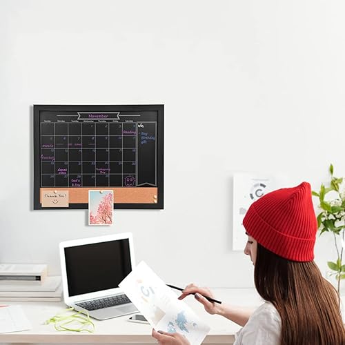 Miniatura 5 de Pizarra magnética con calendario y corcho, 13 x 17 pulgadas, combinación de pizarra de tiza y tablero de anuncios, pizarra con marco de madera