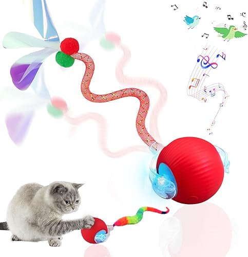 Speedy Tail 2.0 Cat Toy – 2 Replaceable Tails, Controllable Chirping, Motion Activated Rolling Ball, USB Rechargeable – Enrichment & Exercise for Bored Indoor Cats, Kittens (Red)