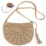 Hilloly Sommer Strand Geldbörse,Korbtasche Einkaufstasche,Stroh Crossbody Tasche mit Quaste Sommer Strand Geldbörse,Stroh Tasche,Frau Weben Schulter Tasche für Arbeit Reise Outdoor Schule(Khaki)