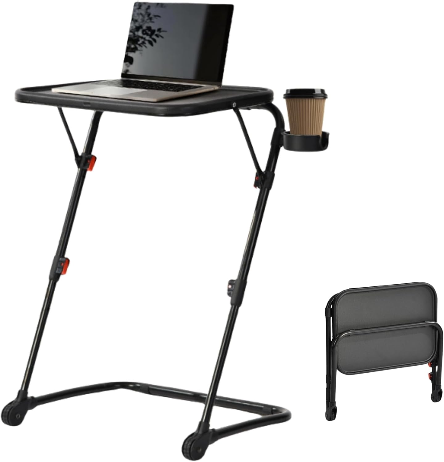 Homy Casa Adjustable Z Shaped TV Tray with Cup Holder, Small Sofa Side Table with Foldable Frame, Slide Under Couch Tray Desk for Living Room & Bedroom, Sturdy Metal Frame with PP Top, Black Set of 1. Similar to stock photo 