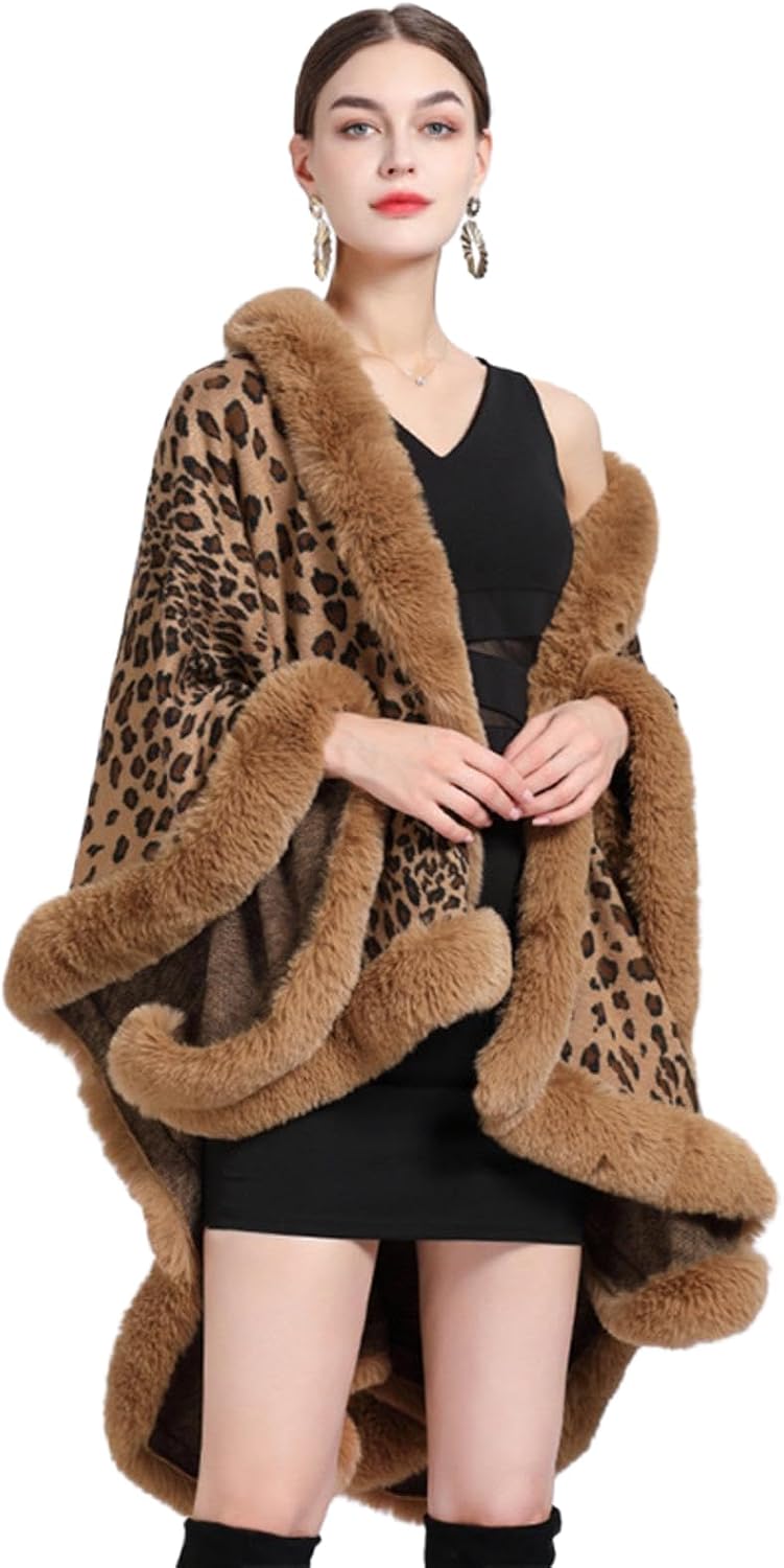 Women's Luxury Faux Fur Trimmed Leopard Print Cape Shawl, Brown and Black Animal Pattern, Winter Wrap with Plush Border