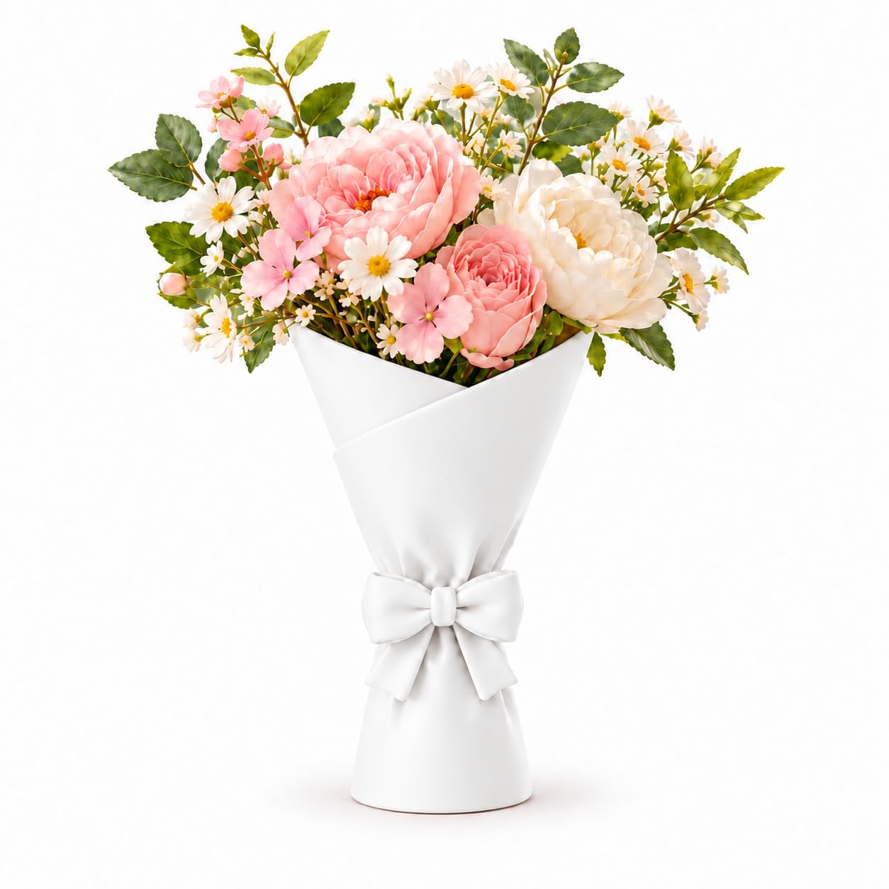 Pink Bouquet-Shaped Decorative Flower Vase with Bow, 15 cm, White
