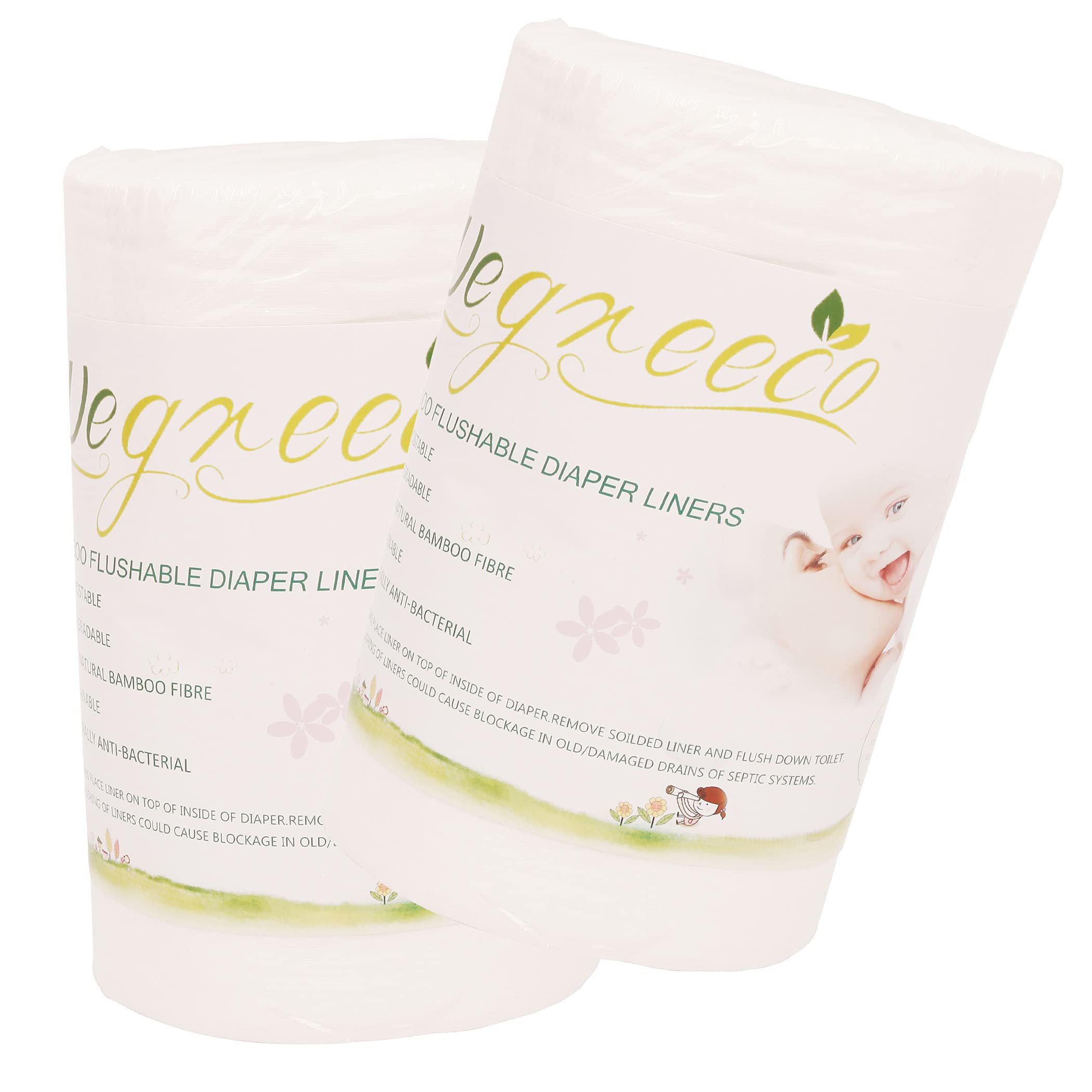 wegreeco Unscented Diaper Liners - Fragance Free and Chlorine Free Cloth Diaper Liners - 100 Sheets Per Roll (2 Roll)