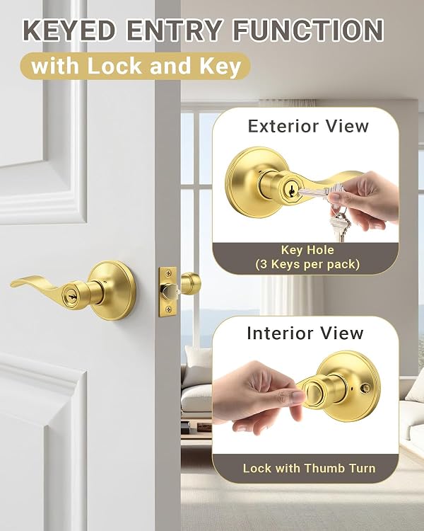 KNOBWELL 2 Pack Keyed Entry Door Handle with Lock and Key, Gold Door Knob for Front Entrance/Bedroom, Reversible for Left and Right, Different Key by KNOBWELL - Used condition - Image 2