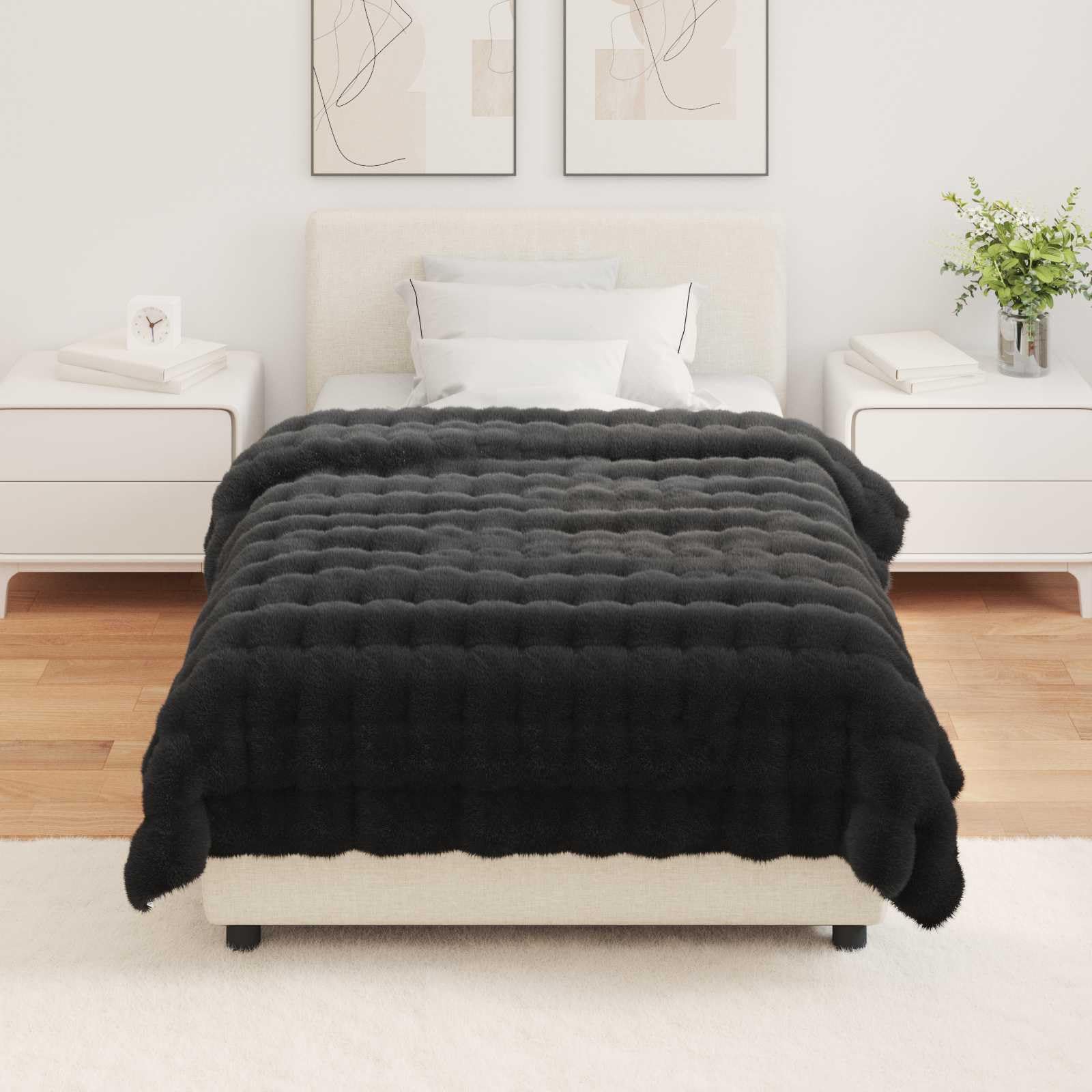 Manta antideslizante de piel de conejo sintético negro, 130 x 150 cm, suave y esponjosa, transpirable y agradable al tacto, ideal como manta para sofá, cama y salón