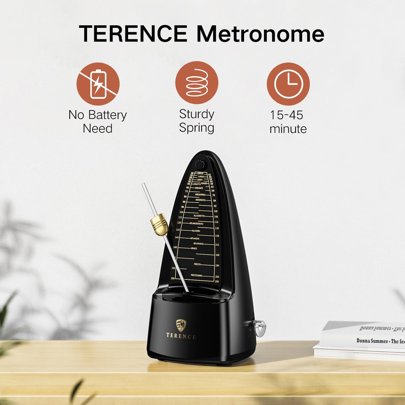 TERENCE Metronome Metronomo meccanico ad alta precisione con campana accentata, tempo preciso, durevole per pianoforte, violino, batteria, basso, chitarra, adatto come regalo, nero