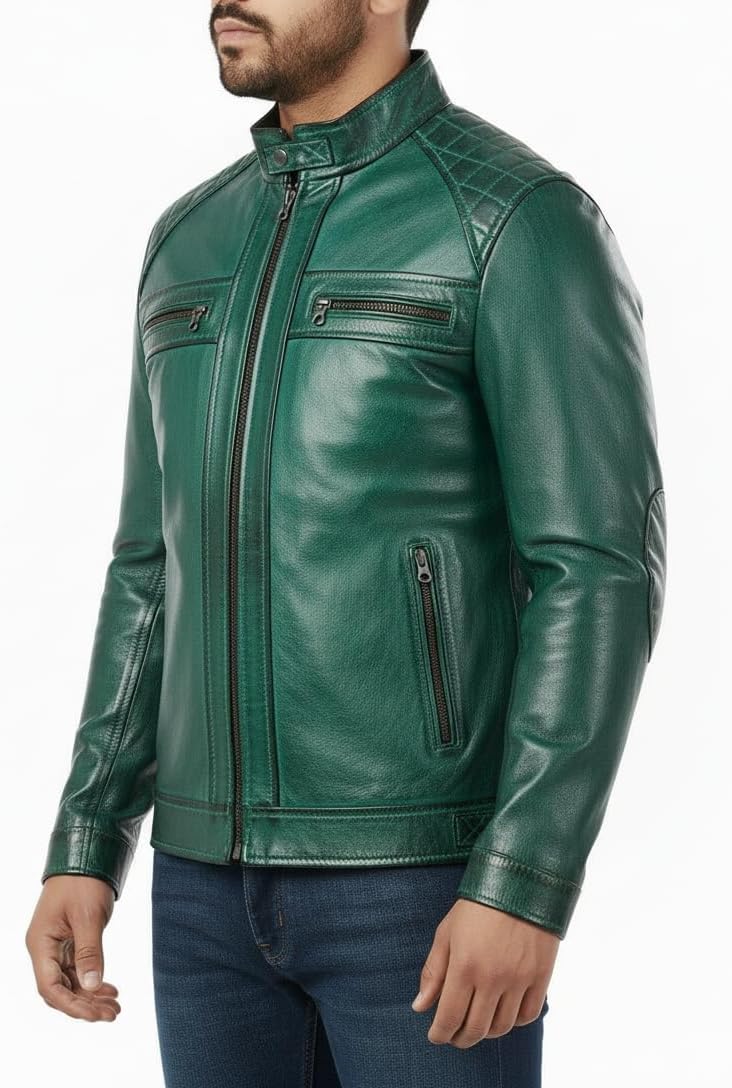 Men's Cafe Racer Biker Jacket - Genuine Lambskin, Real Leather Motorcycle Jacket - Image 2
