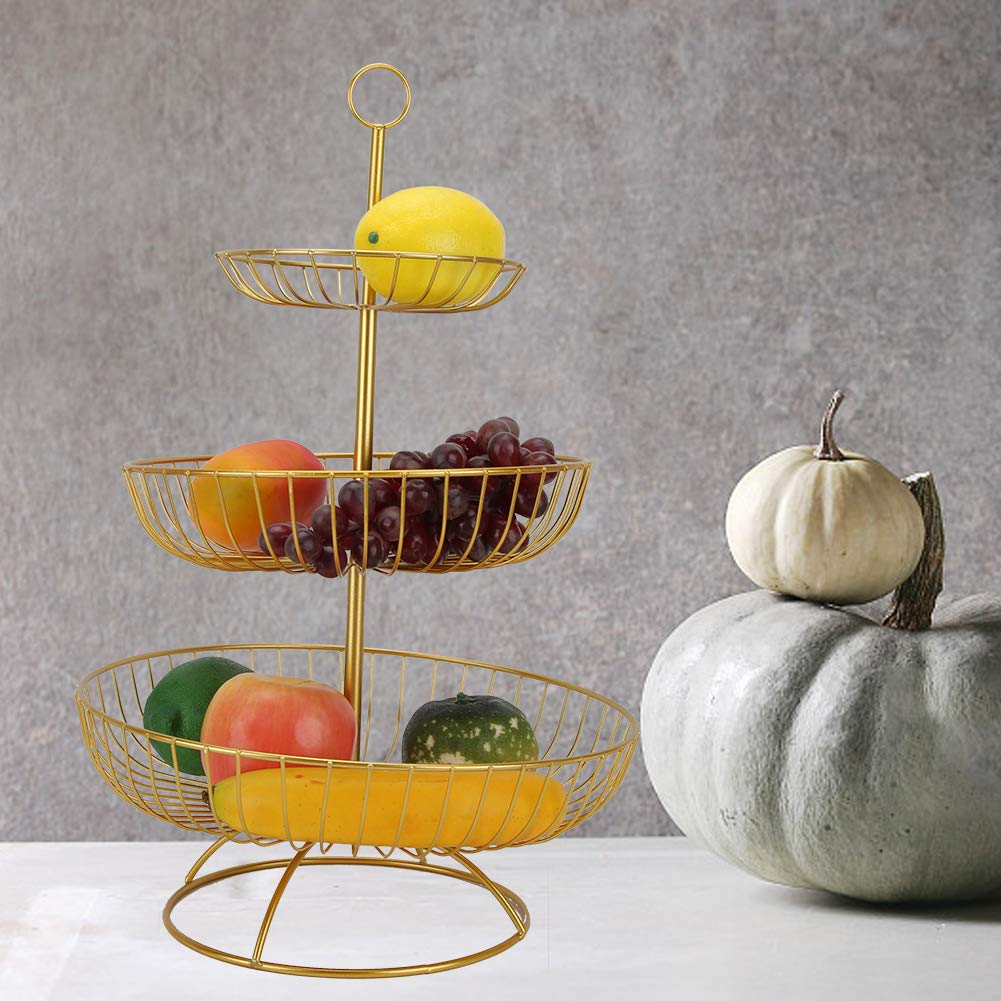 Household Living Room Modern 3-Tier Fruit Dish Plate Storage Basket T TablewareBlack For Home Use, Multifunctional Accessory (Gold)