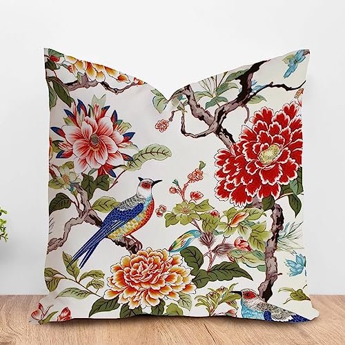 ArogGeld Bird in Peony Tree Coral Pillow Covers Red Peony Flower Animal Bird Decorative Cushion Cover Japanese Asian Style Farmhouse Throw Pillowcase for Bedroom Sofa Couch 16x16in White Flax
