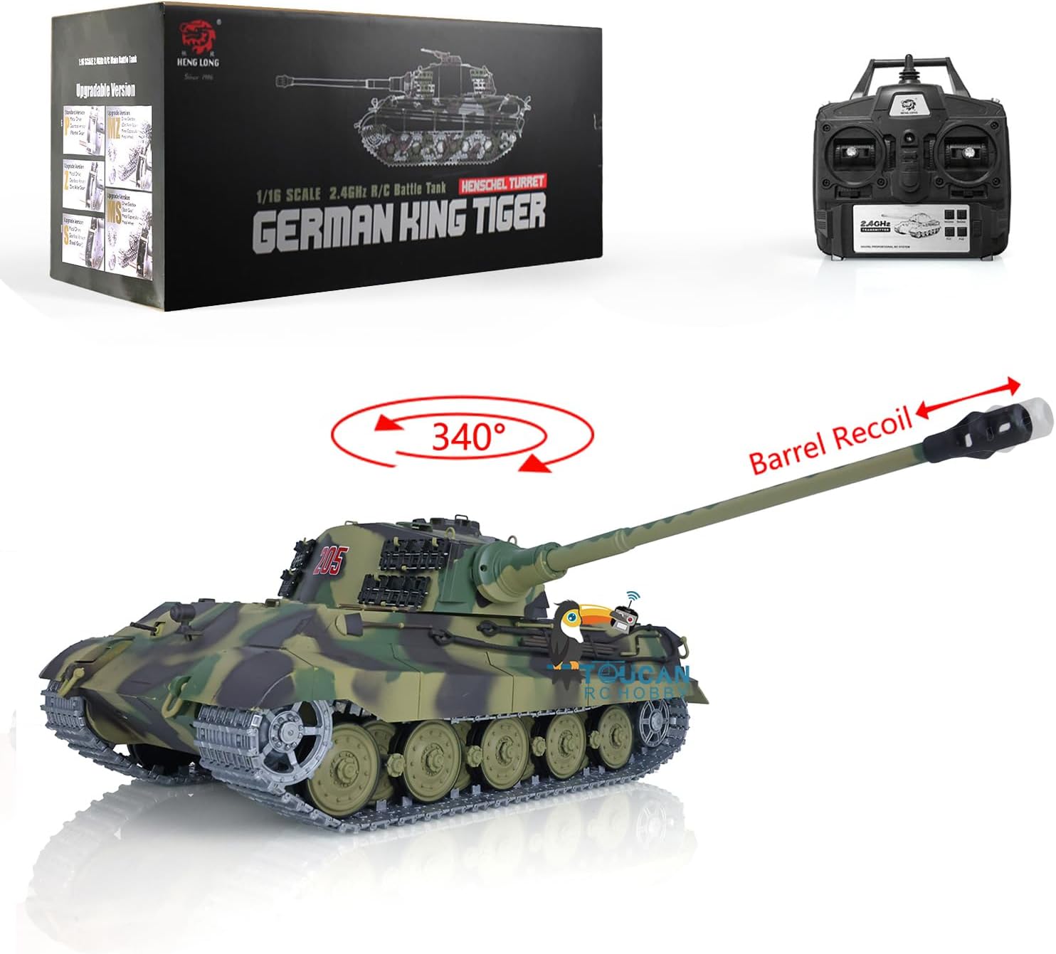 TOUCAN RC HOBBY Henglong 2.4G 1/16 7.0 German King Tiger RC Tank 3888A Metal Track Barrel Recoil BB Airsoft That Shooting BB Bullets
