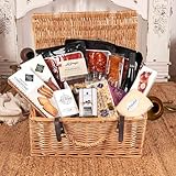 Lote de Navidad 'Colección Gourmet' GOUR 425-25 Lote gourmet con vino Garnacha, ibéricos, queso curado, conservas premium, dulces artesanos y aceite de oliva en maleta de mimbre regalo
